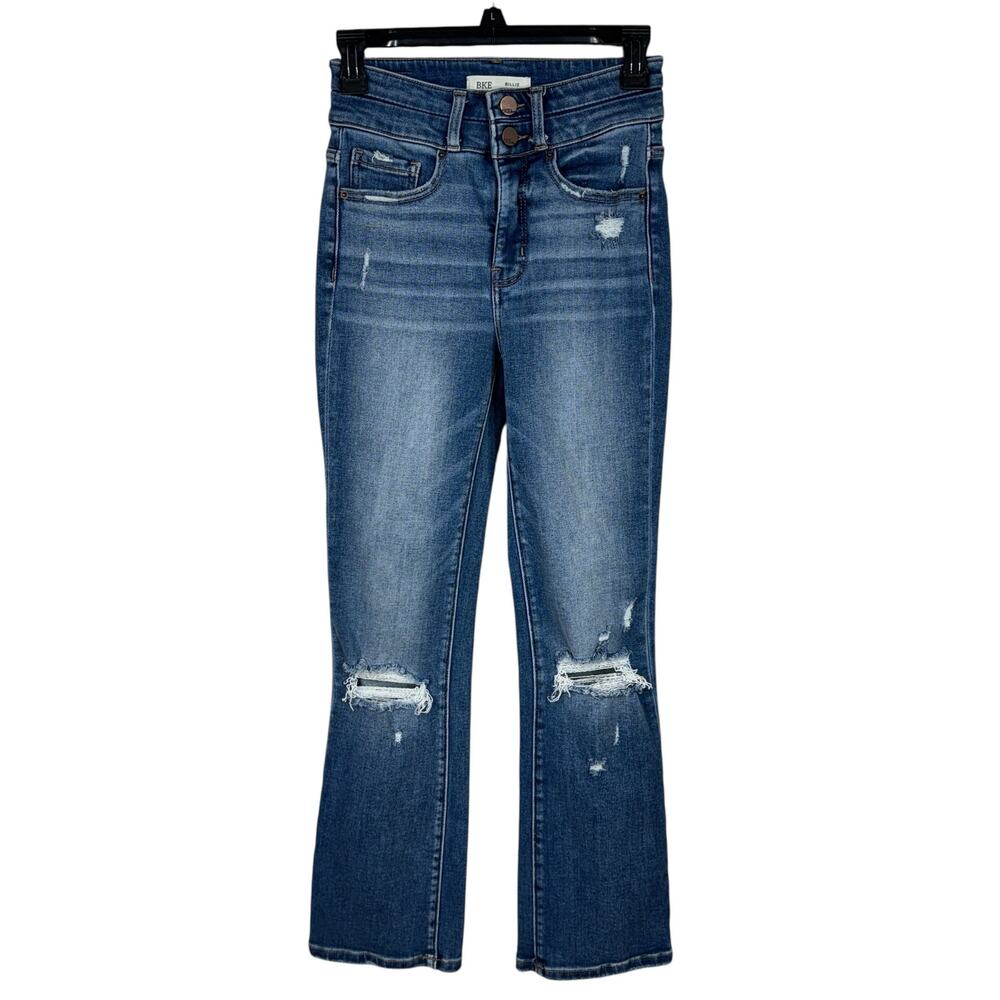 BKE SZ 25x29 1/2 Billie Jeans Tailored Bootcut Slim Fit Hi-Rise Distressed Blue